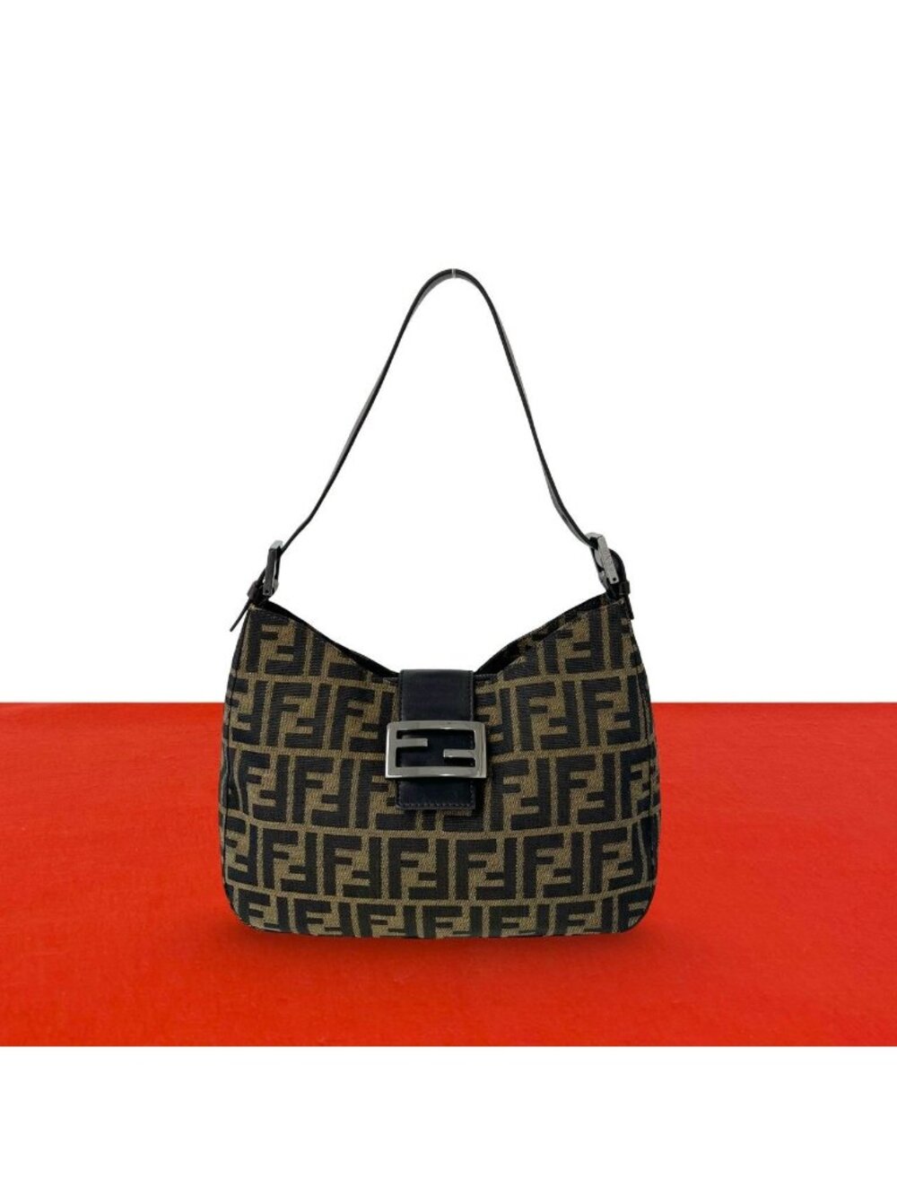 Fendi Zucca FF Pattern Canvas Leather Shoulder Bag Tote Brown Black